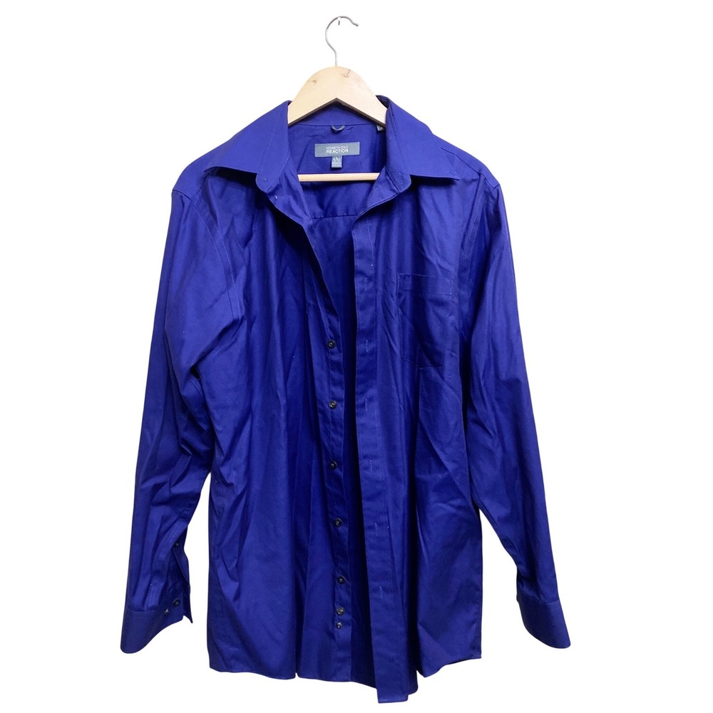 Kenneth Cole Reaction Mens Royal Blue Non-Iron Cotton Dress Shirt Regular Fit L